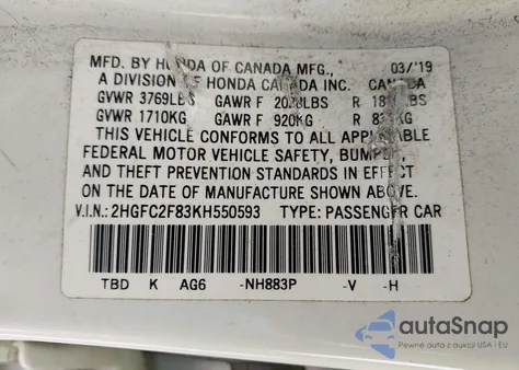 2019 Honda Civic Sport z USA, uszkodzony, nr VIN 2HGFC2F83KH550593